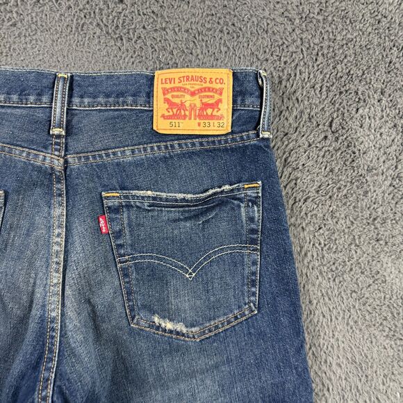 Levis 511 Jeans Mens 33x32 Blue Slim Fit Distressed Dark Wash Denim Pants - Picture 8 of 16